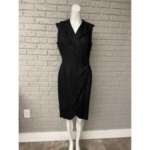 Roger Edwards Black Linen Wrap Dress with Asymmetrical Collar Size 4